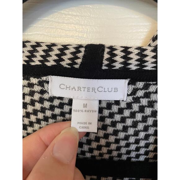 Charter Club Size M Long Cardigan Black White Herringbone Zig Zag Single Button - Picture 4 of 9